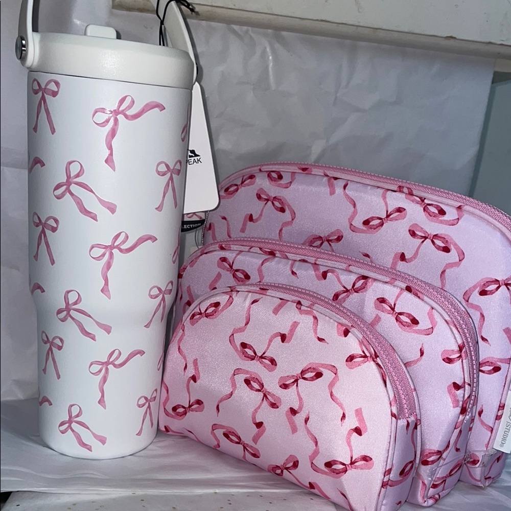 Pink ribbon bow tumbler & cosmetic bag set